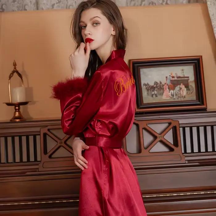 Satin plume Patchwork mariée Robe de demoiselle d'honneur Sexy Kimono peignoir