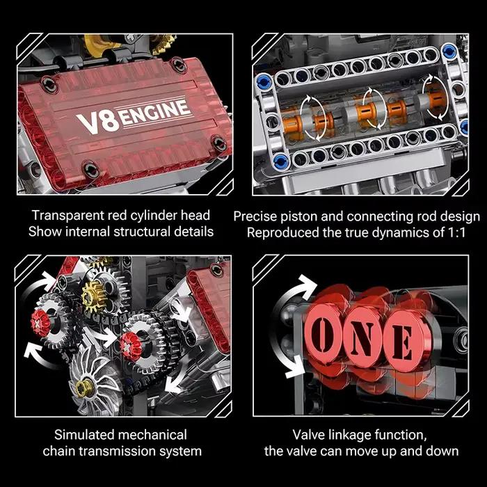 Modèle de simulation de moteur V8 en briques, blocs de construction à entraînement électrique, pièces de voiture techniques, jouets créatifs DIY, cadeaux pour adultes