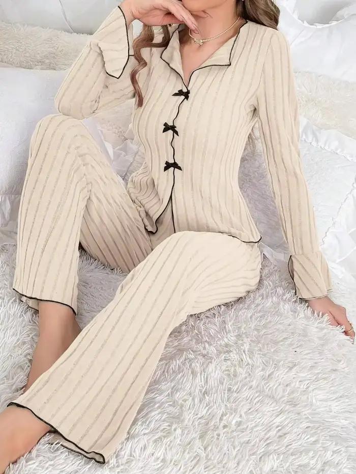 Ensemble pyjama chaud pour femme, vêtements de nuit, nœud à revers, mode, Sexy, manches longues, hauts et pantalons, costume de maison, automne et hiver