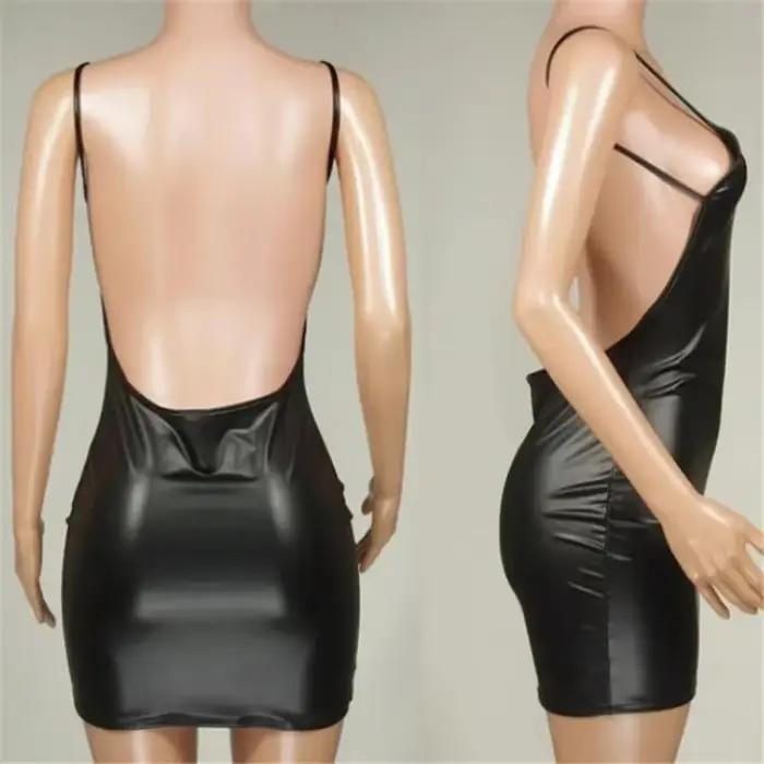 Lingerie sexy, robe courte en cuir synthétique pour femmes