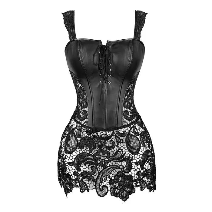Steampunk Corset robe femmes gothique Sexy Faux cuir fermeture éclair Bustier dentelle jupe noir rouge Corselet Clubwear