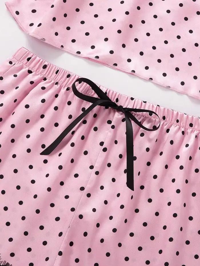 2 pièces pyjama costume femmes mode col en v Stretch Satin dentelle Sexy Lingerie nœud papillon pyjamas ensemble short et haut rose et point rond vêtements de nuit