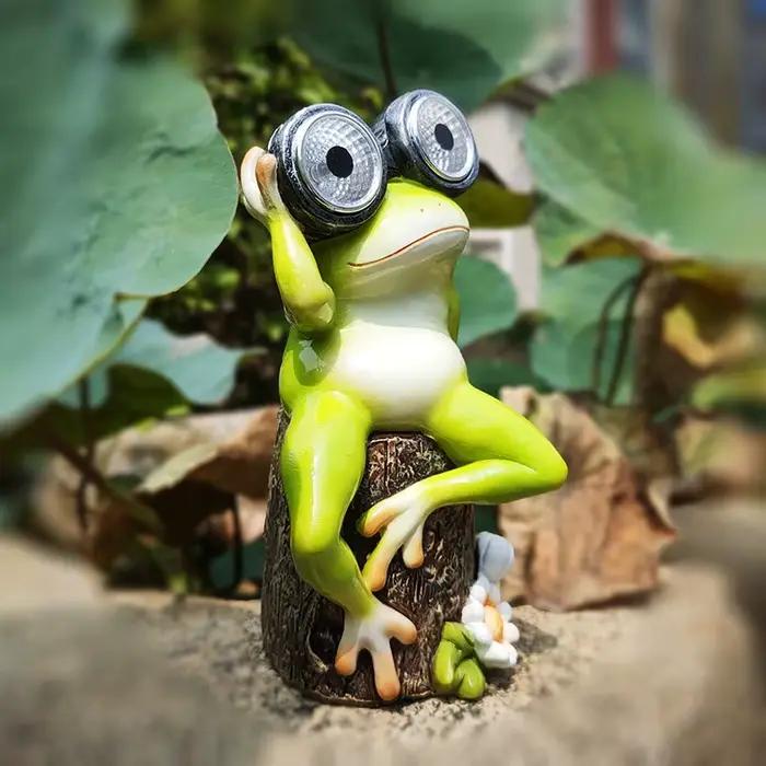 Veilleuse solaire grenouille, Animal mignon, décoration extérieure de jardin, ornement artisanal en résine étanche avec LED à énergie solaire pour cour et Patio