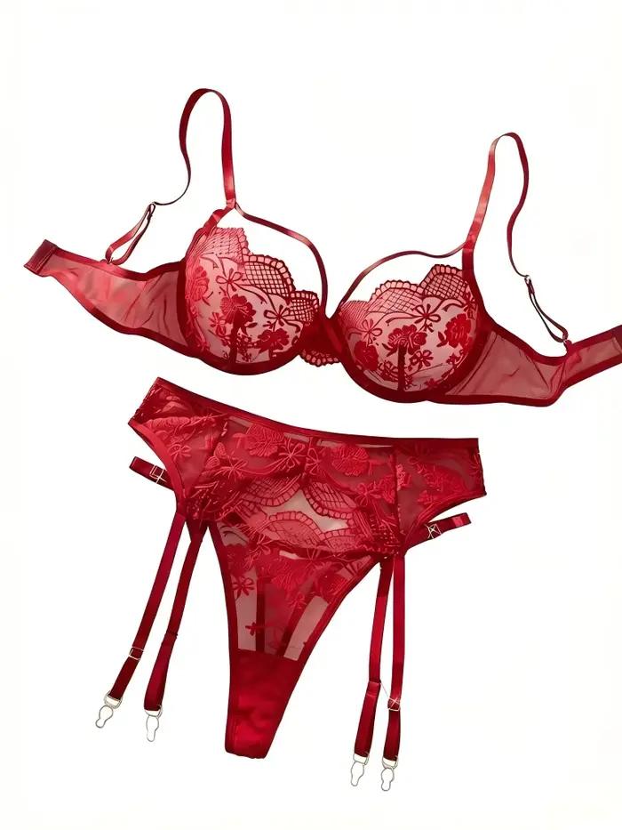 Ensemble de lingerie sexy en dentelle française rouge brodée avec porte-jarretelles