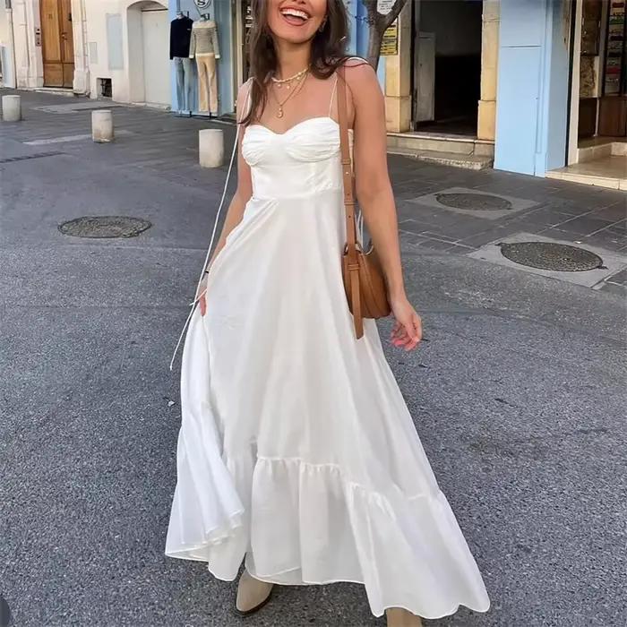MUJER blanc Corset robe femme à volants Slip longues robes pour femmes 2025 sans manches dos nu