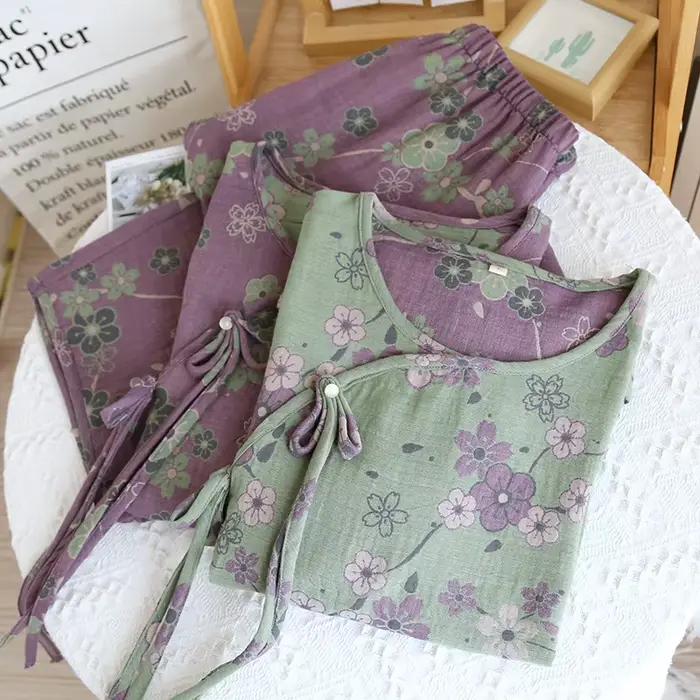 100% Cotton Night Wears For Women Nightie Print Sleepwear Pajamas Set Spring Autumn Long Sleeve Women's Pyjamas Suit Female
