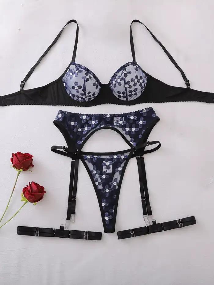 Ensemble de Lingerie de Luxe Brodé Sans Dos Amincissant et Sculptant 4 Pièces – Tenue de Soirée Club Sexy et Fine pour Femme – Ensemble de Lingerie Érotique