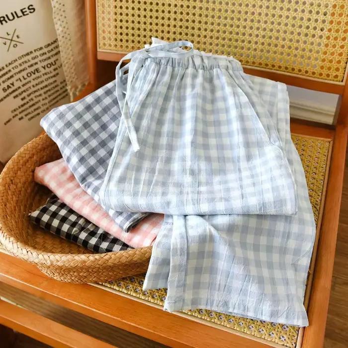 2026 nouveaux vêtements de nuit pour femmes 100% coton gaze dentelle pantalons à carreaux japonais minimaliste maison