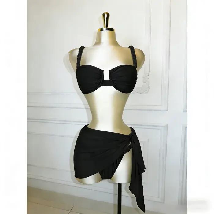 Ensemble de bikini brésilien sexy tressé avec jupe, maillot de bain à armatures pour femme, maillot de bain dos nu, Biquini