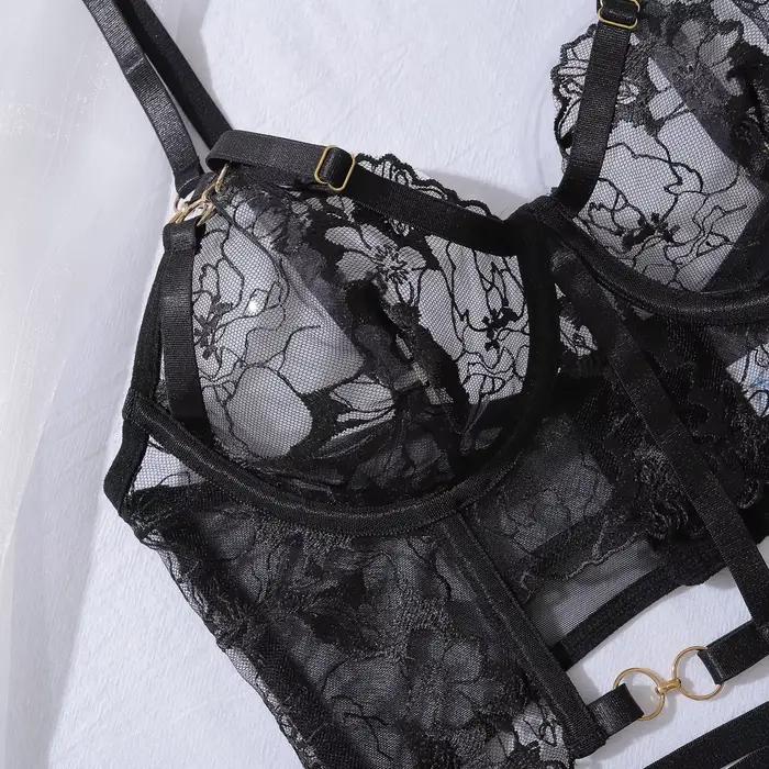 Dames intime luxe brodé fleur Sexy 4 pièces ensemble haut érotique coupe ajustée façonnage femmes