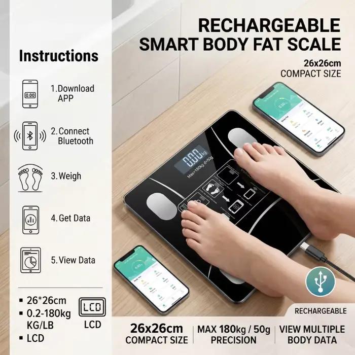 Balance connectée intelligente rechargeable 26x26cm avec écran LCD et application pour la mesure de la graisse corporelle à domicile