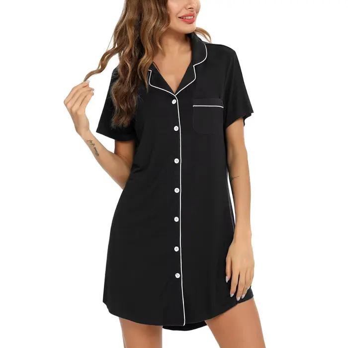 Chemise de nuit boutonnée à manches courtes pour femmes, chemise de nuit monochrome, vêtements de nuit pour dames, pyjama pour la maison