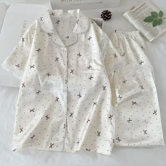 Nouveau Style coréen élégant jeunes dames pyjamas été nouveauté à manches courtes à pois nœud glace soie pyjama