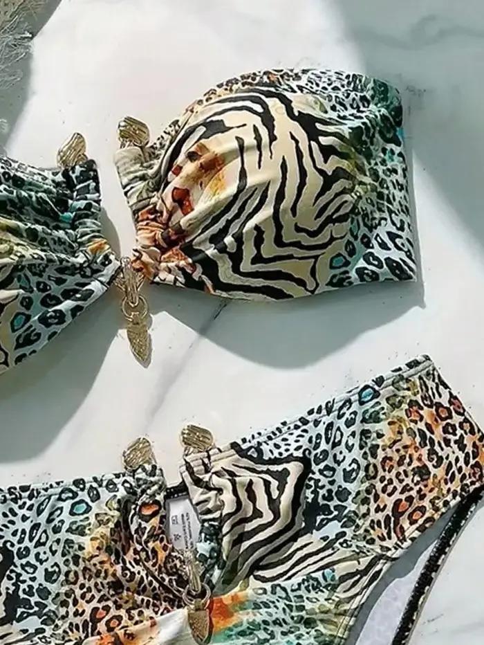 Sexy Bandeau Bikini 2026 femmes métal V fil zèbre tigre imprimé Push Up taille haute maillot de bain plage maillot de bain deux pièces maillots de bain