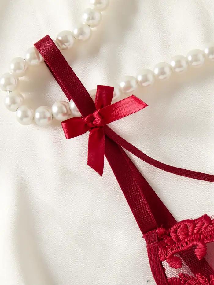 Chemise de nuit semi-transparente brodée d'oreilles de blé style campagne rouge vin pour femme
