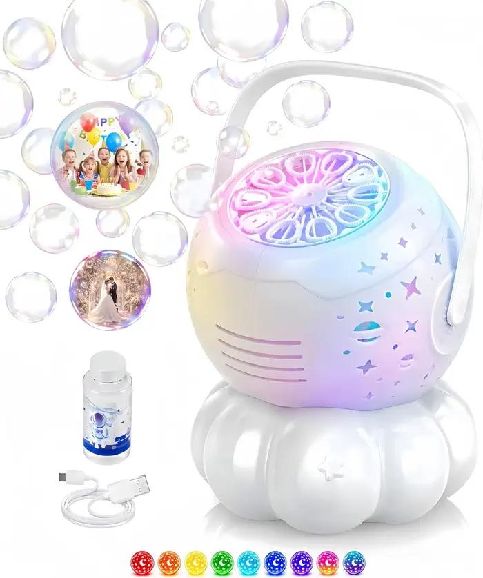 Machine à bulles pour enfants, projecteur d'étoiles avec 7 lumières nocturnes, plus de 30 000 bulles, souffleur de bulles électrique de grande capacité 600 ml, jouet pour anniversaire
