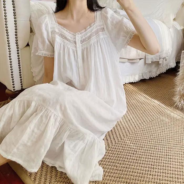 Robe de nuit longue blanche 100 % coton pur à manches courtes pour femme