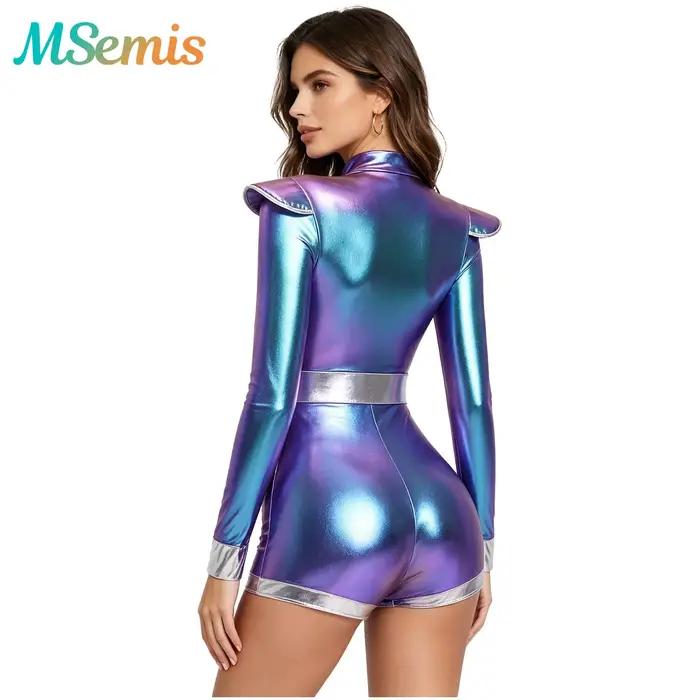 Combinaison scintillante métallisée pour femme, tenue de soirée, festival, club, avec paillettes, manches longues, fermeture éclair sur le devant, bas court, combinaison