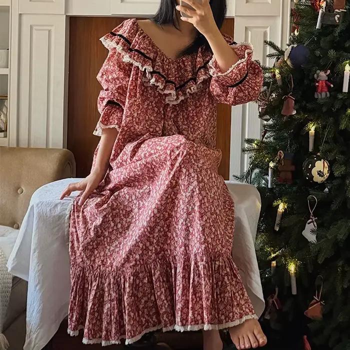100% pur coton chemise de nuit femmes 2026 nouveauté printemps été français rétro doux fleur imprimé