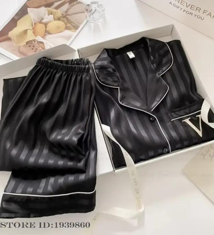 Pyjama femme 2 pièces ensemble mode noir glace vêtements de nuit en soie pantalon costumes