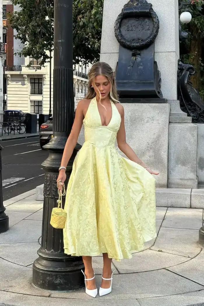 Robe longue Corset en Jacquard jaune pour femmes