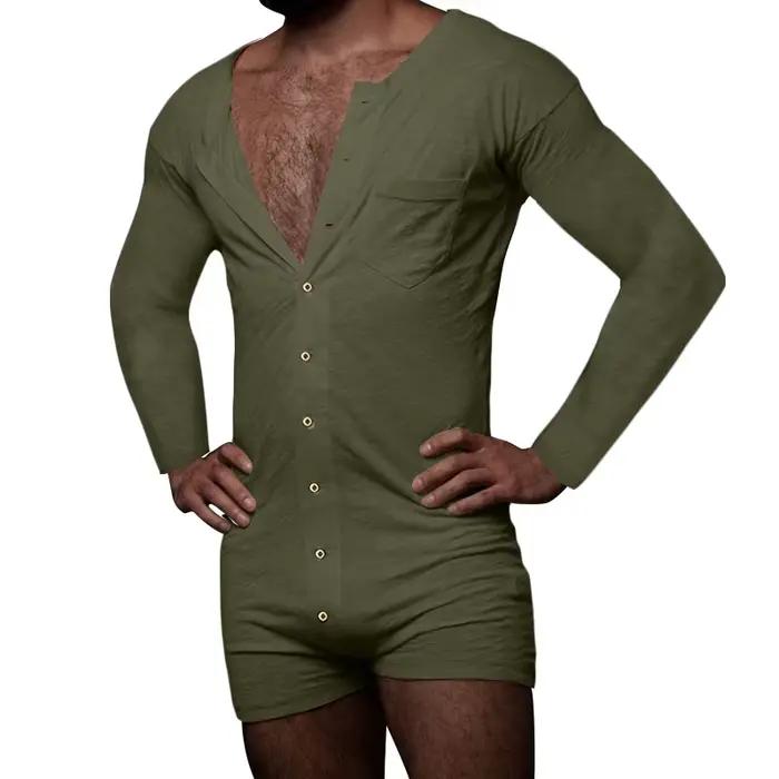 Pyjama sexy pour homme, combinaison, couleur unie, col rond, manches longues, t-shirt et short, nouveau, une pièce, boutonné, vêtements de maison