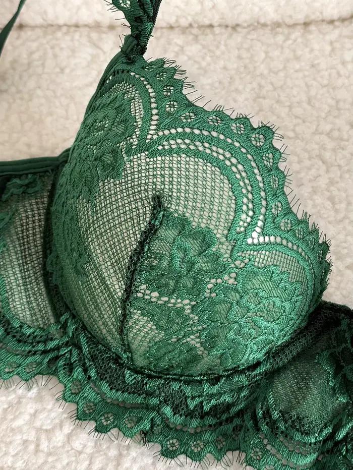 Ensemble de lingerie vintage romantique vert foncé en dentelle et maille transparente, soutien-gorge long et 2 pièces, tenue intime élégante pour boudoir