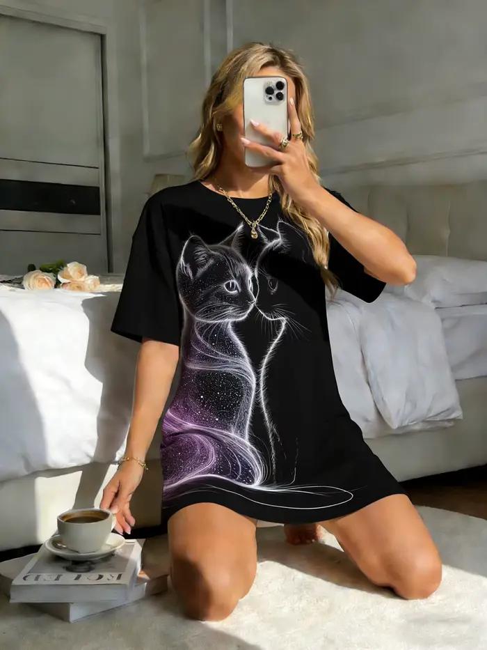 Chemise de nuit pour femmes, col rond, manches courtes, printemps-été, imprimé chat galaxie rêveur