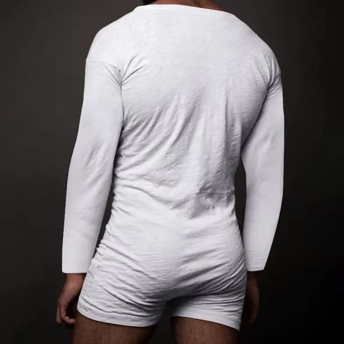 Pyjama sexy pour homme, combinaison, couleur unie, col rond, manches longues, t-shirt et short, nouveau, une pièce, boutonné, vêtements de maison