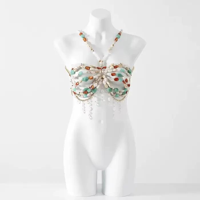 Bustier perlé pour femme, haut de bikini, vêtement de plage, lingerie, style club et rave, avec col en perles imposant