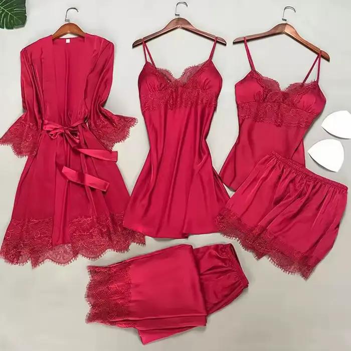 Blanc 5 pièces ensemble de sommeil Pyjamas dame dentelle Satin