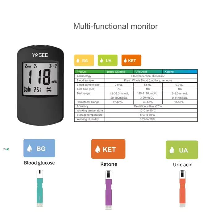 Test de glycémie, cétone et acide uricique, grand écran LCD, Kit de glucomètre, testeur de cétone dans le sang pour le diabète, multifonction 3 en 1