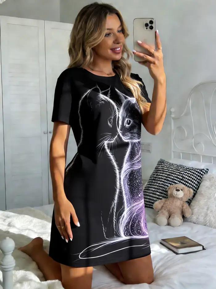 Chemise de nuit pour femmes, col rond, manches courtes, printemps-été, imprimé chat galaxie rêveur