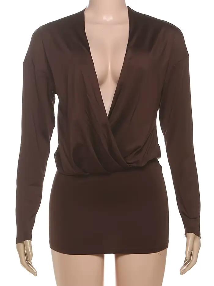 Nibber Croix Profond V-Cou Robe Femmes Plein Manches Stretch Solide Minuit Rue Clubwear Parti Automne Tendance Élégant Mini Moulante