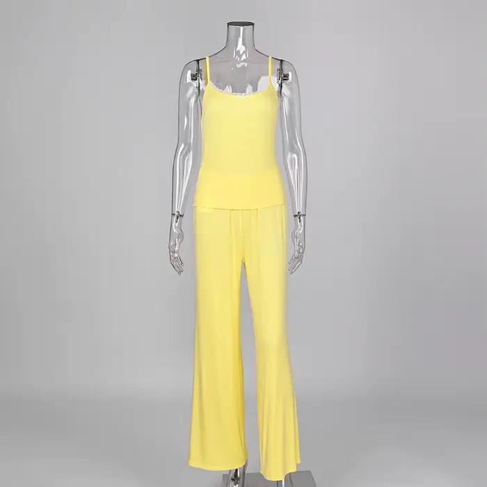 Ensemble pyjama Hiloc pour femme, débardeur côtelé doux et pantalon, avec dentelle, confortable et extensible, vêtements de détente 2 pièces, Nouvelle collection Printemps 2026
