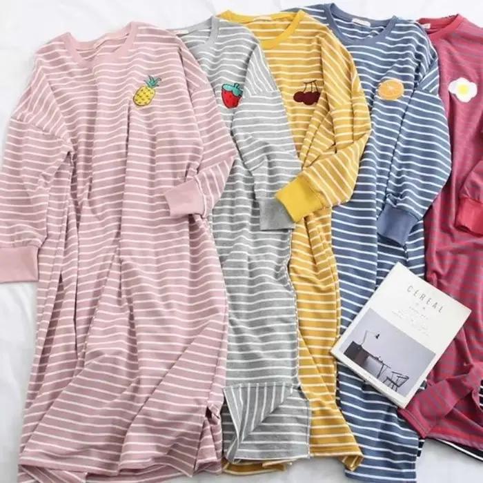 Chemise de nuit femme M-5XL automne manches longues rinçage longueur rayé Preppy mn adolescents Kawaii loisirs vêtements