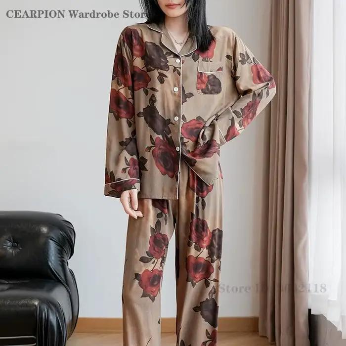 Printemps automne nouveau ensemble de pyjamas rétro imprimé vêtements de maison