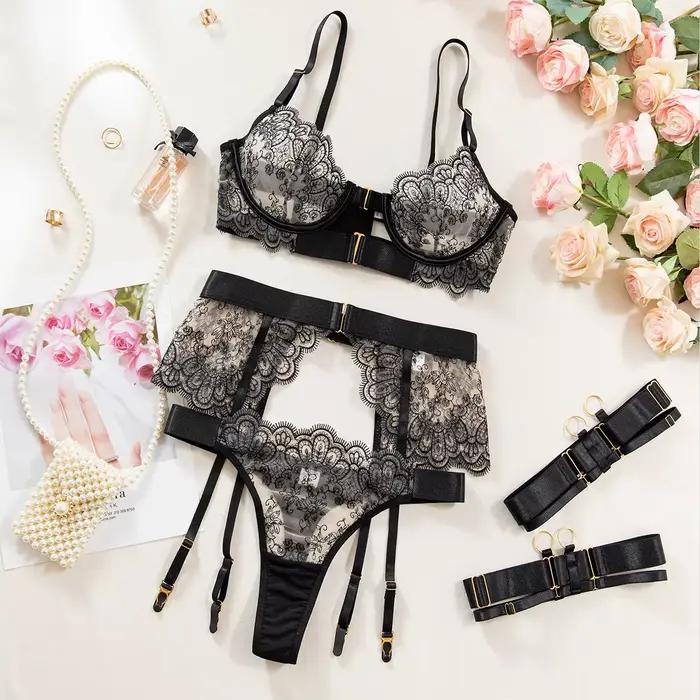 Krasapt luxe noir fleur broderie Lingerie 4 pièces ensembles fantaisie maille Transparent métal boucle soutien-gorge et string jarretière ensemble érotique