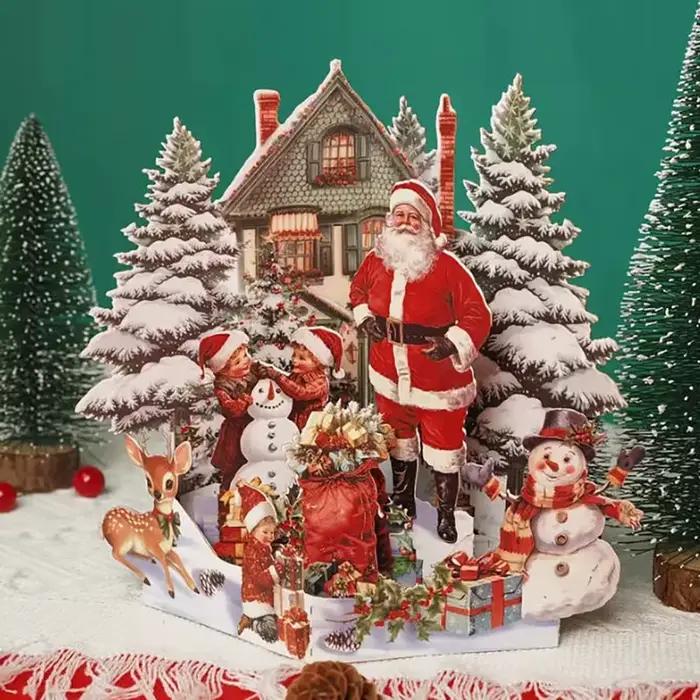 Carte de noël 3D, scène de nuit avant noël avec père noël, renne, Village enneigé et ciel clair de lune, carte de vœux de vacances Festive F