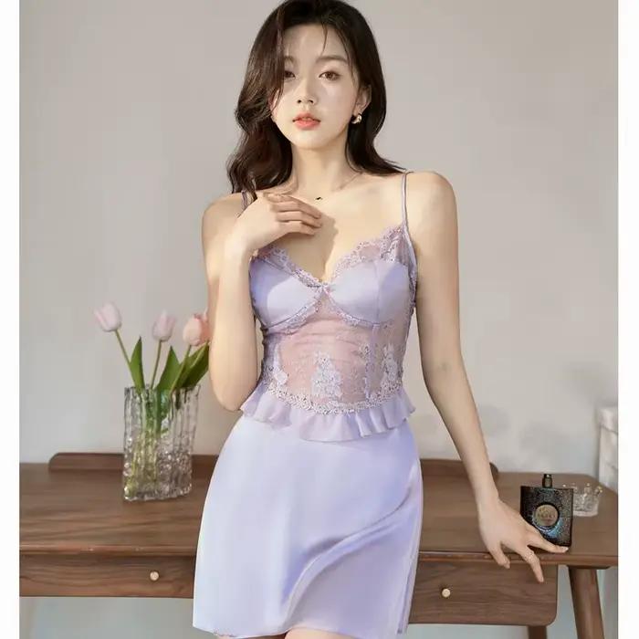 Chemise de nuit en dentelle rose pour femmes