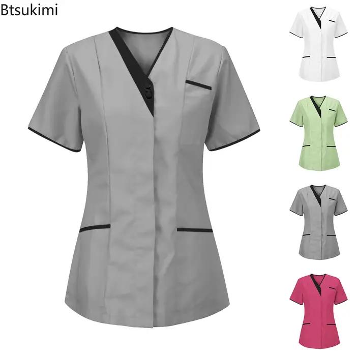 Nouveaux ensembles infirmiers 2026 – T-shirt d'été pour femme à col en V et boutons – Uniforme de travail pour infirmière – T-shirt médical pour hôpital et médecin
