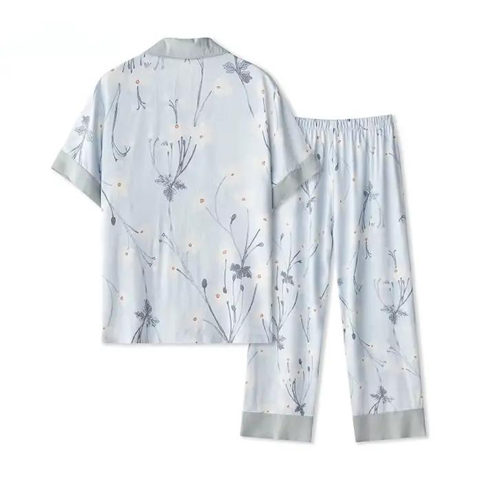 Pyjama en Satin à manches courtes, pantalon, vêtements de maison, col rabattu, imprimé Viscose, ensemble deux pièces, vêtements de nuit d'été, nouvelle collection 2022