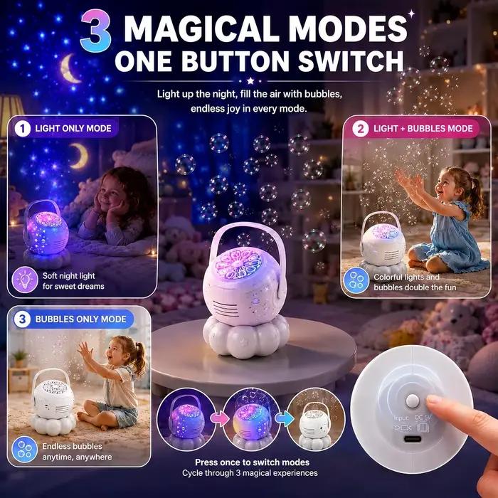 Machine à bulles pour enfants, projecteur d'étoiles avec 7 lumières nocturnes, plus de 30 000 bulles, souffleur de bulles électrique de grande capacité 600 ml, jouet pour anniversaire