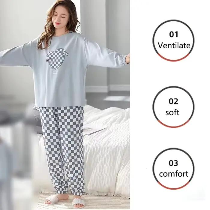 Pyjamas femmes à manches longues pantalons longs ensemble ample Plaid étudiant