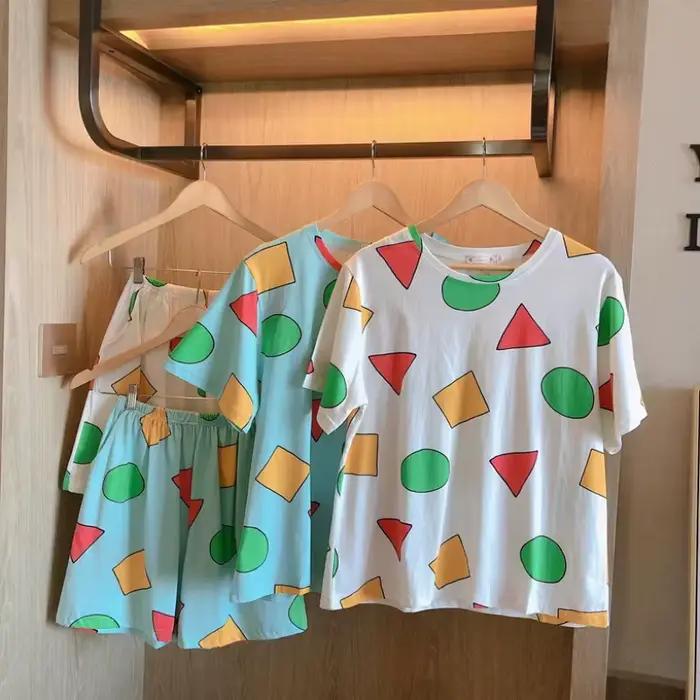 Pyjamas à manches courtes femmes été dessin animé mignon géométrique vêtements de nuit Homewear pull décontracté chemise