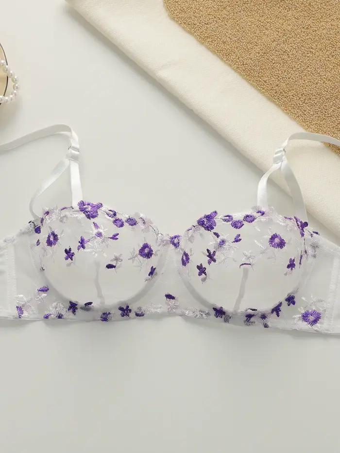 Soutien-gorge brodé de belles fleurs, sous-vêtements sexy transparents avec bretelles réglables MR2956