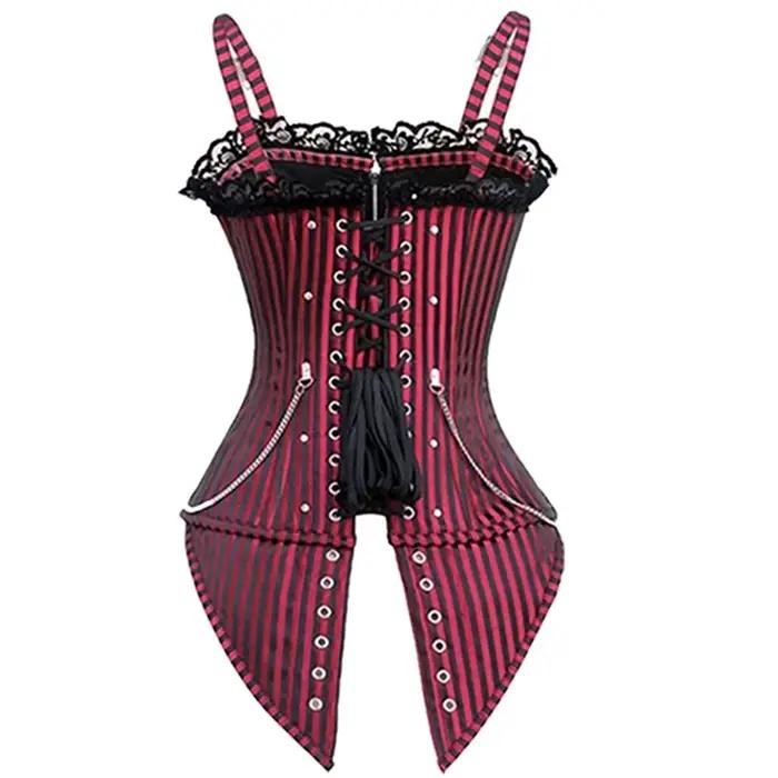 Femmes Sexy Corset bretelles Steampunk haut bustier rayure Vintage dentelle superposition