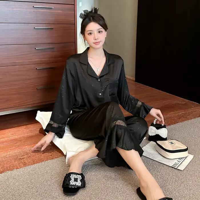 Noir dos nu doux mignon imprimé Pijamas costume été femme Pyjamas ensemble vêtements de nuit en vrac Satin Homewear à