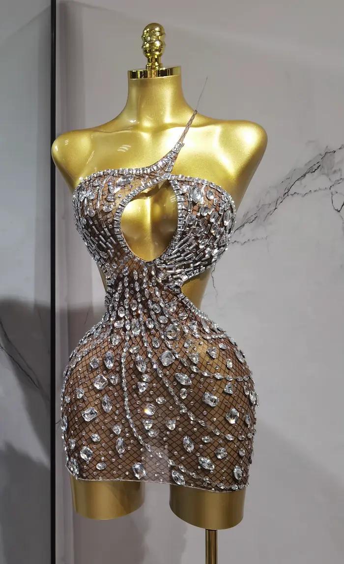 Robe de soirée de luxe sexy dos nu ajourée ornée de diamants pour anniversaire, scène, boîte de nuit et bal de promo
