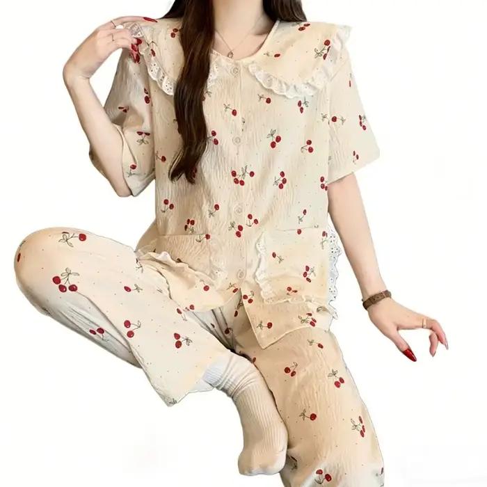Ensemble de pyjama 2 pièces pour femmes à imprimé cerise pour l'été, vêtements de détente décontractés à manches courtes, vêtements de maison, mode coréenne, pyjama mignon et élégant